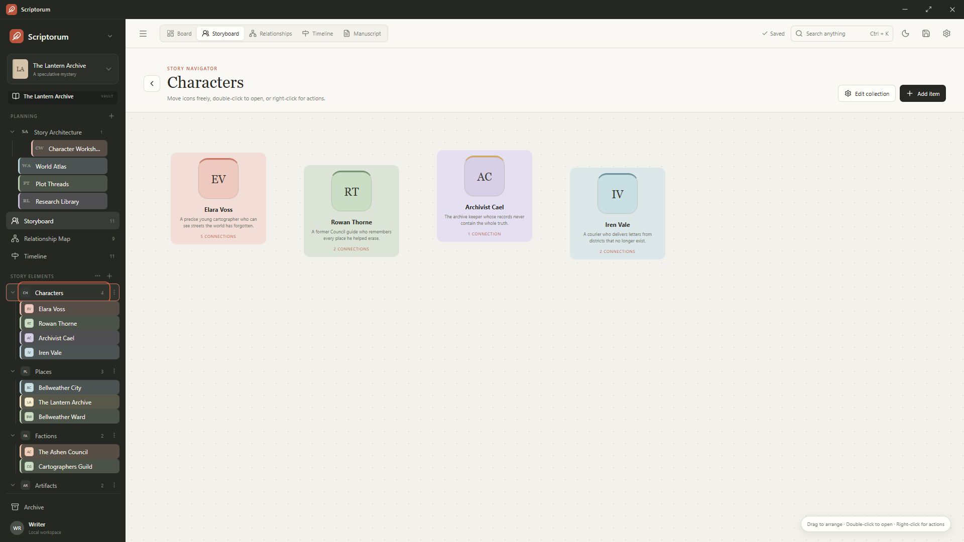 Actual Scriptorum custom story collection view in The Lantern Archive example project