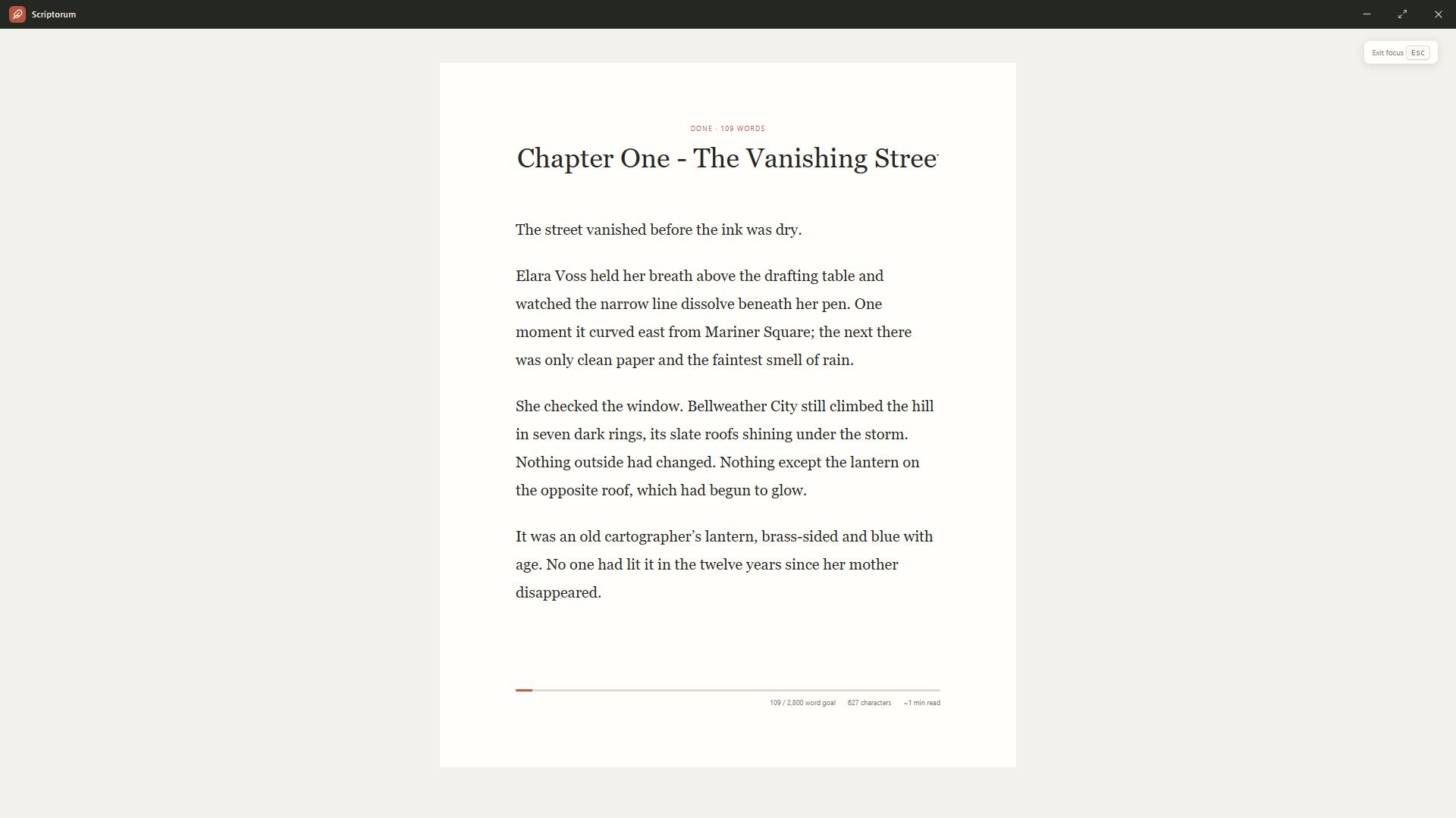 Scriptorum focus mode showing a distraction-free chapter page